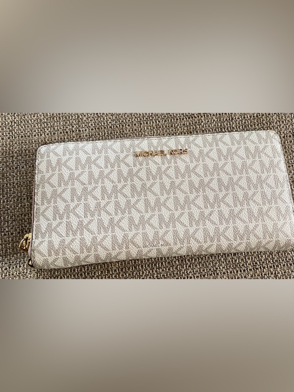 Michael Kors Cream, Pink, & Tan Monogram Zip Wallet